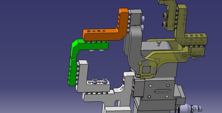3D-Modell eines mechanischen Greifers mit bunten beweglichen Teilen.